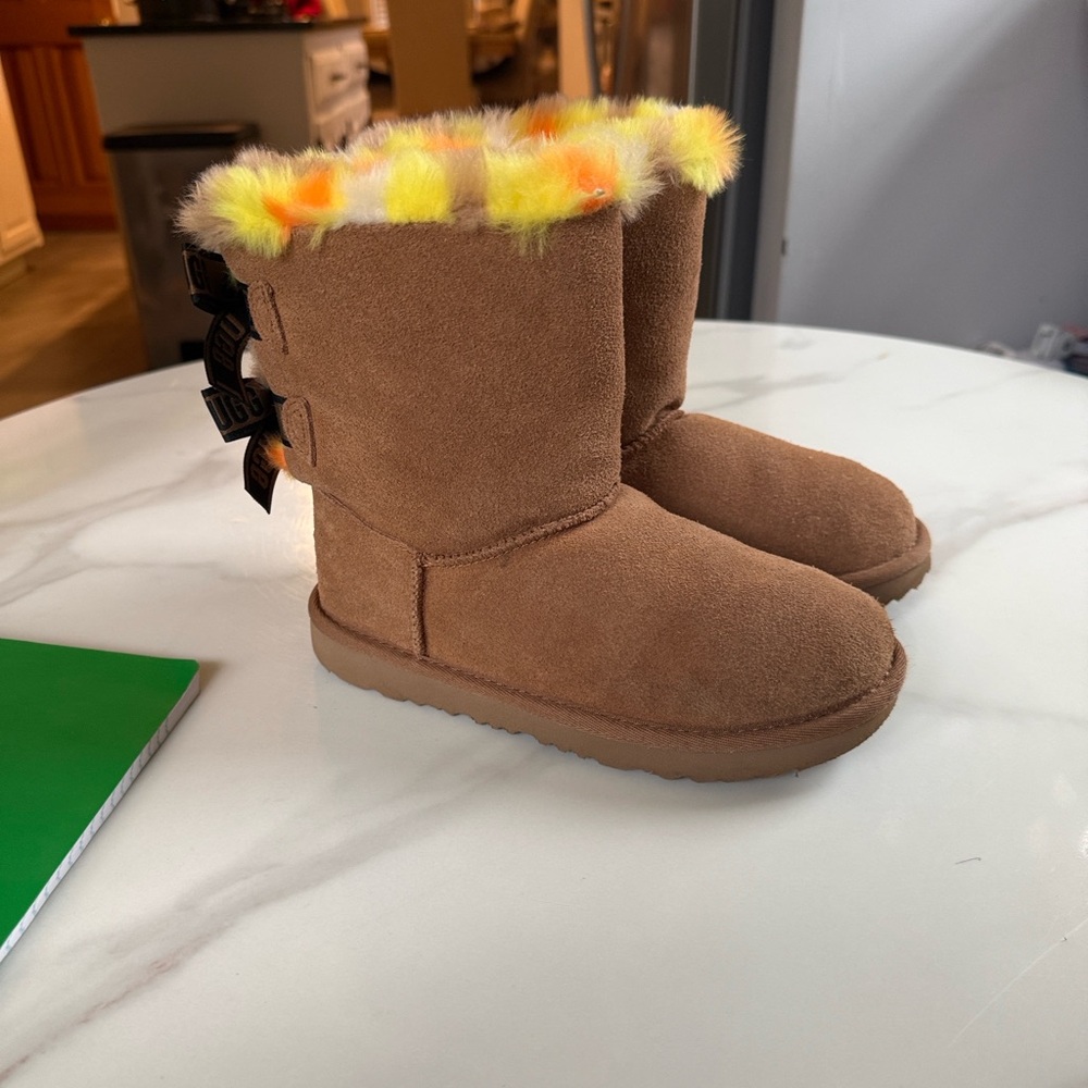 UGG Tan Boots with Multicolor Fur Trim